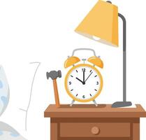 Alarm clock and lamp on bedside table in flat illustration vector