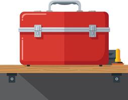 Red toolbox on wooden platform with flat design style illustration vector