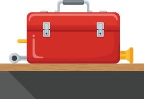 Red toolbox with tools on wooden shelf in flat art vector