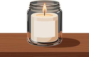 Candle in a glass jar with flame on wooden table flat art vector