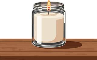 Candle in glass jar on wooden surface with flat design style art vector