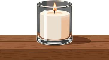 Candle in glass container on wooden surface minimal illustration vector