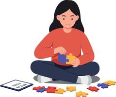 Child assembling colorful puzzle pieces in flat minimal illustration vector