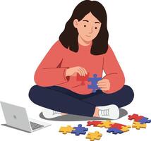 Woman assembling colorful puzzle pieces while sitting on the floor in flat art vector