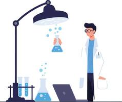 Scientist working at lab table with flask under lamp in flat art vector
