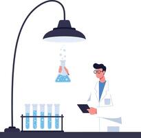Scientist conducting experiments with lab equipment in minimal flat art vector