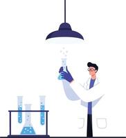 Scientist conducting experiments with beakers in a flat design illustration vector