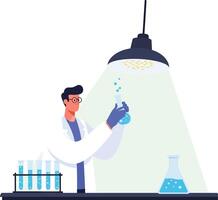 Scientist holding a flask in a laboratory with flat art style illustration vector