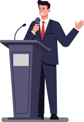 Businessman presenting speech at podium in flat illustration style