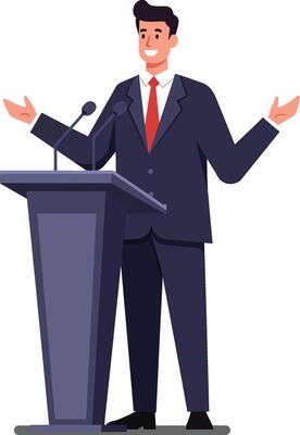 Professional speaker engaging an audience in a flat minimal illustration