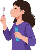 Girl blowing bubbles in playful expression, flat illustration showcasing joy and creativity in art vector