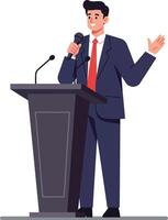 Speaker at podium giving a presentation in flat art style vector