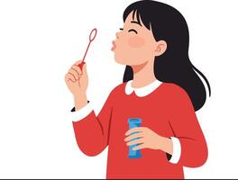 Girl blowing bubbles with joyful expression in flat illustration vector