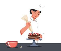 Chef decorating a cake with icing in flat illustration style vector