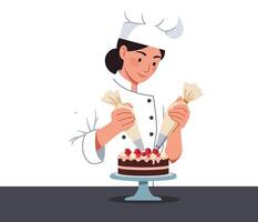 Chef decorating a chocolate cake with icing in flat art vector