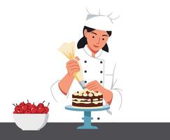 Baker decorating a cake with icing in flat art style vector
