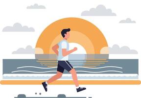 Runner in a minimal sunset scene with soft waves in illustration vector