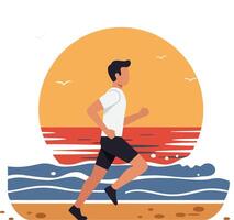 Runner on the beach during sunset in flat art style vector