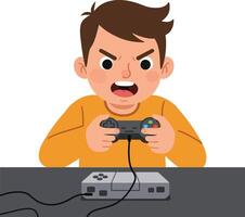 Angry gamer intensely playing game in flat art vector