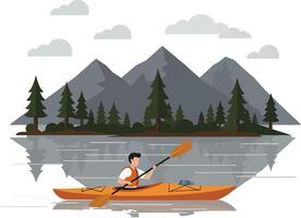 Man kayaking on a serene lake with mountains in a flat illustration vector