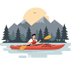 Kayaking in serene waters with mountains and trees in flat art vector