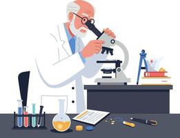 Scientist examining samples with microscope in flat style art vector