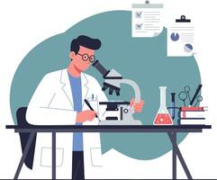 Scientist working at laboratory desk with microscope and beakers in flat illustration vector