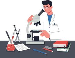 Scientist using microscope in flat digital style art illustration vector