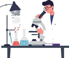 Scientist observing samples through microscope in flat illustration dqe vector