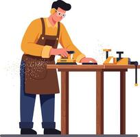 Craftsman working diligently at a wooden table in flat art vector