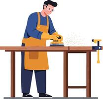 Carpenter working at a wooden table in flat style art vector
