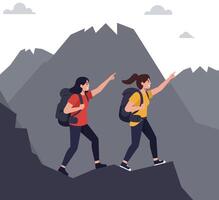 Two hikers exploring mountains in flat design art vector