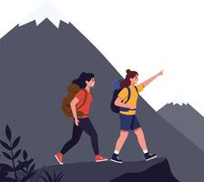 Two hikers exploring a mountain trail in flat art vector
