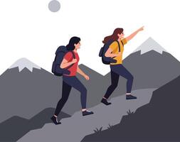 Two hikers navigating mountain trail in flat illustration style vector