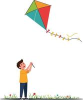Happy child flying a colorful kite in minimal flat design art vector