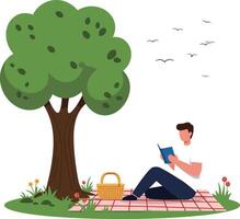 Person reading a book under a large tree in flat art vector