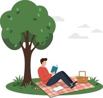 Person reading a book under a tree in a flat illustration vector