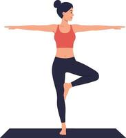 Woman practicing yoga in a tree pose with flat design art vector