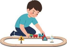 Child playing with toy train set on a wooden track in flat art vector
