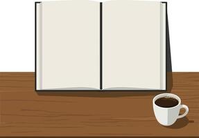 Open book on wooden table with coffee cup in flat illustration vector
