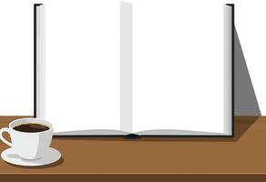 Coffee cup and open book on wooden table in flat art vector