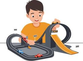Child playing with toy car track in flat minimal art vector