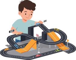 Child playing with race track in colorful flat design illustration vector