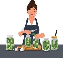 Woman preparing pickles in kitchen with flat design style art vector
