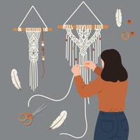 Macram wall hanging creation process in flat art vector