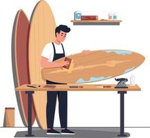 Craftsman working on surfboard design in flat minimal art vector