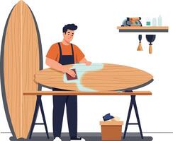 Surfer shaping a wooden board with tools in a minimal illustration vector