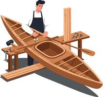 Woodworker shaping a kayak with tools in detailed flat art vector