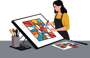 Artist creating colorful geometric design in flat illustration style vector