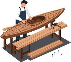 Man constructing wooden kayak using tools in minimal art vector